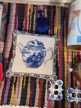 Blue and White Tea Pot Needlepoint Pillow - Handcrafted Accent